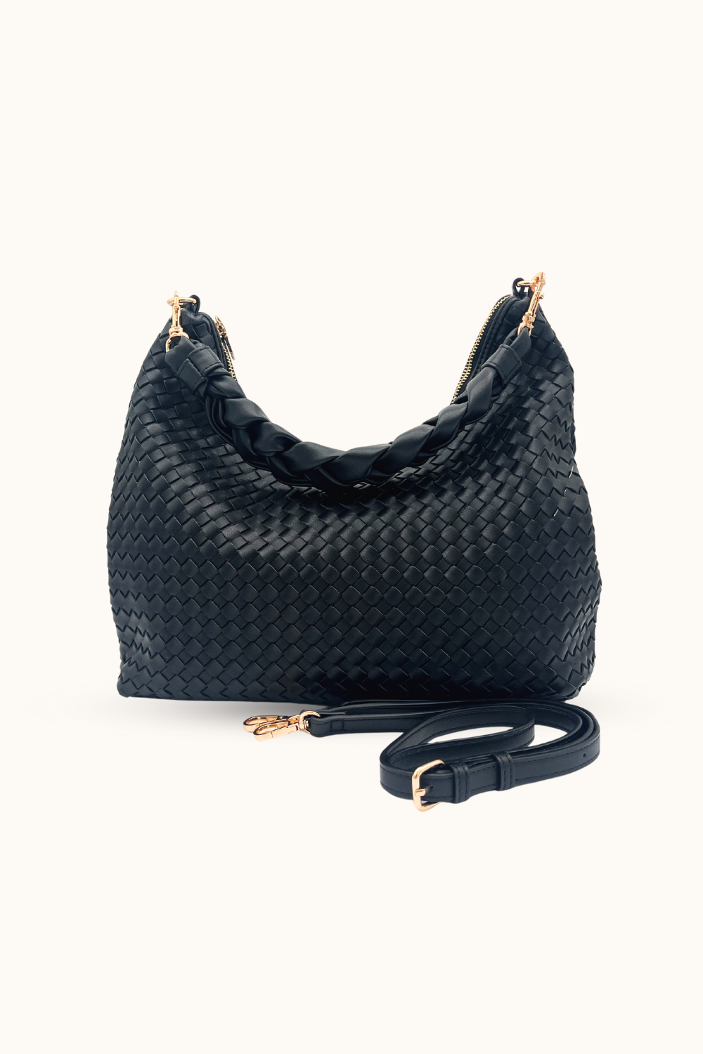 Black Modern+Chic Kelly Woven Convertible Crossbody Shoulder Bag with included vegan leather adjustable crossbody strap on a white background.