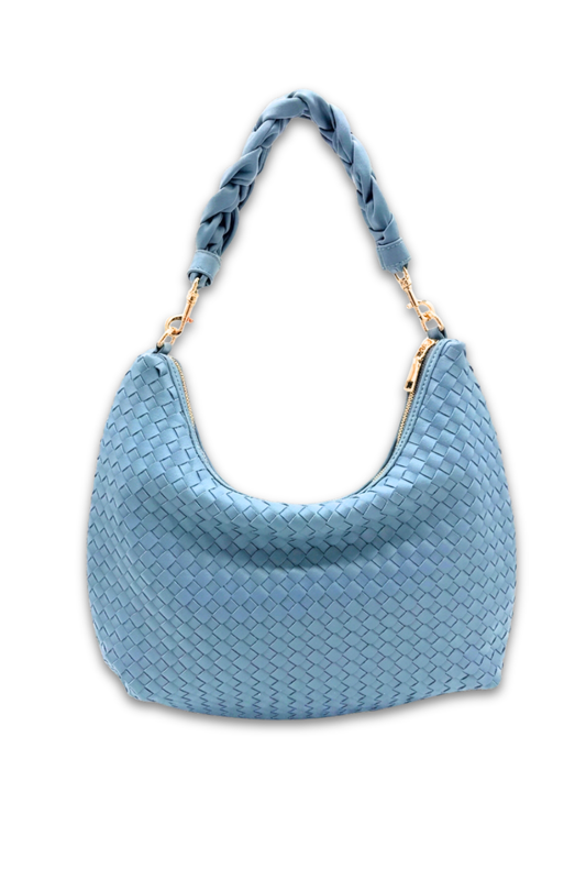 Blue woven handbag with a braided handle on a white background