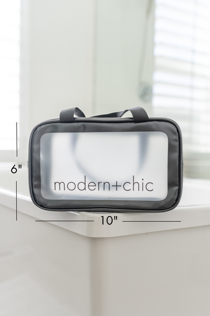 A rectangular clear cosmetic bag with handles.