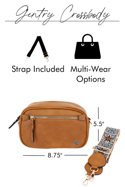 Graphic images showing the features and benefits of a Modern + Chic Gentry Vegan Leather Crossbody Bag in camel. 