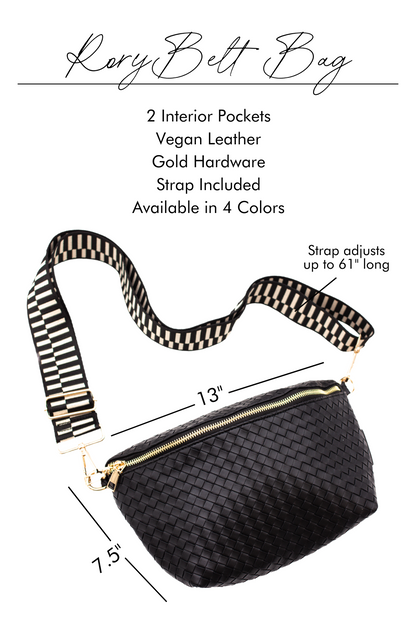A graphic image pointing out the features and benefits of a black criss cross style Modern + Chic Rory Oversized Belt Bag for Women with a gold zipper and hardware crossbody.