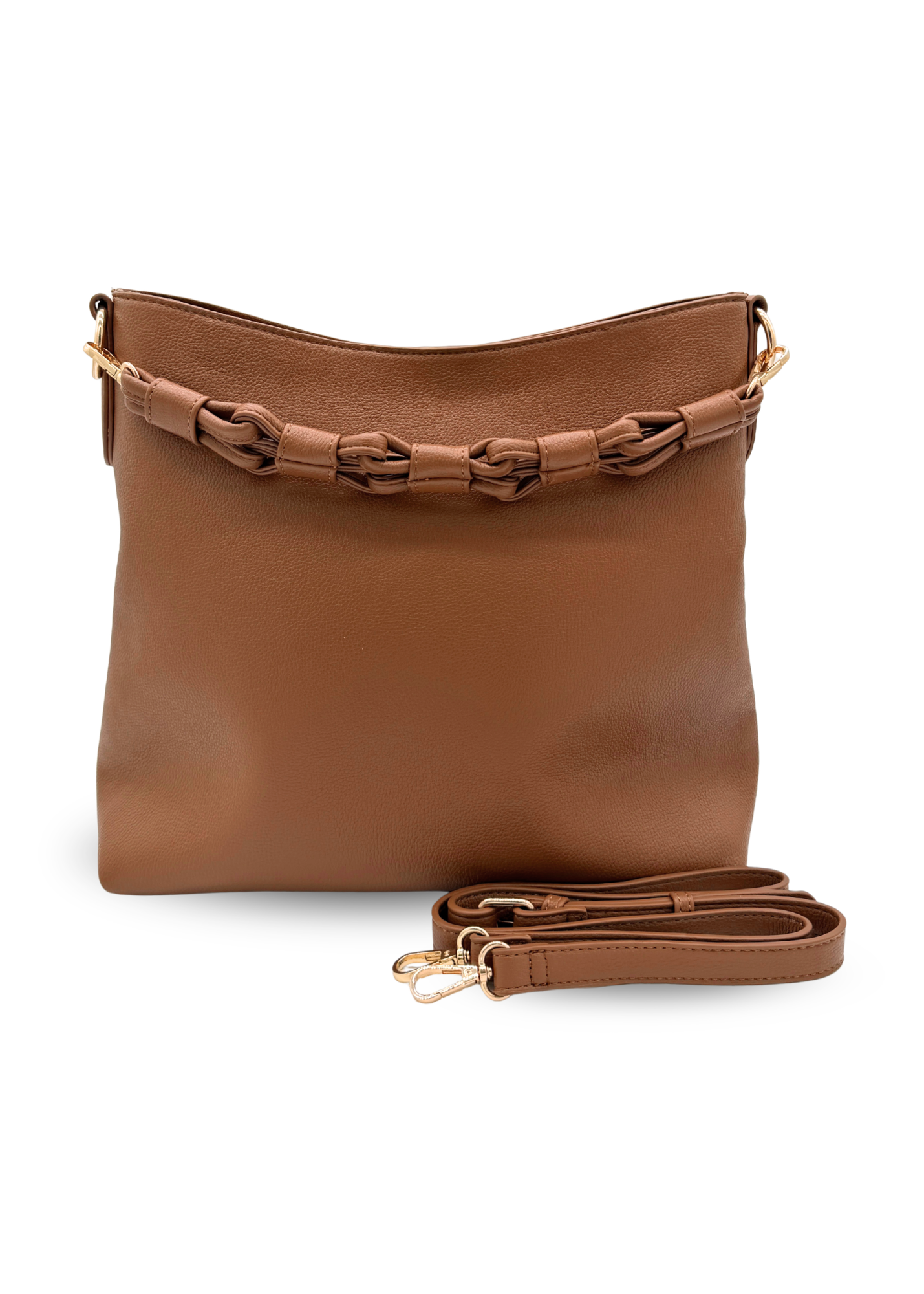 Brown Modern+Chic Sawyer Convertible Slouchy Tote Bag for Women on a white background.