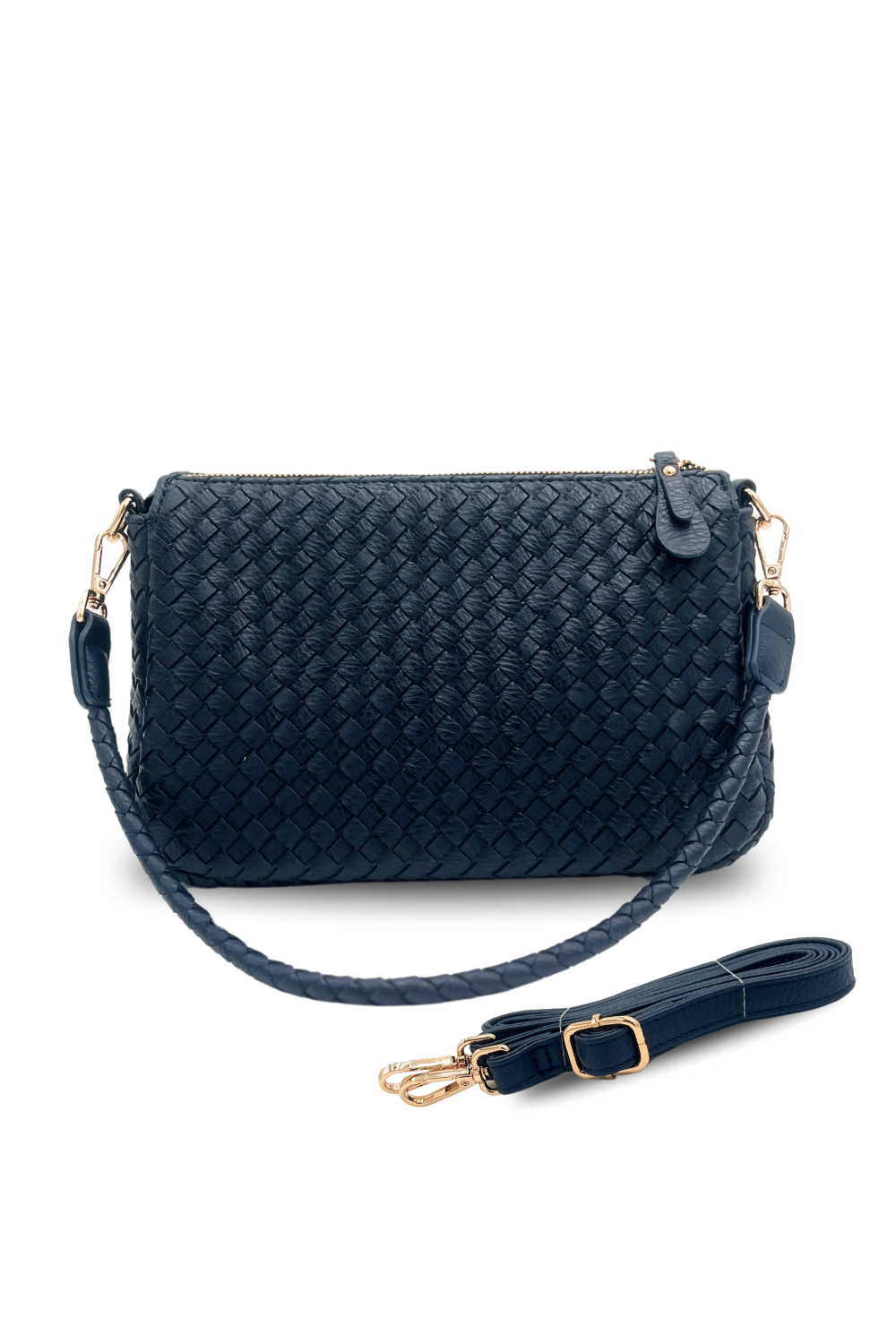 A navy Modern + Chic Elle Woven Crossbody Bag for Women on a white background.