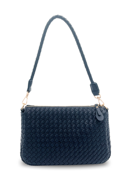 A navy Modern + Chic Elle Woven Crossbody Bag for Women on a white background.