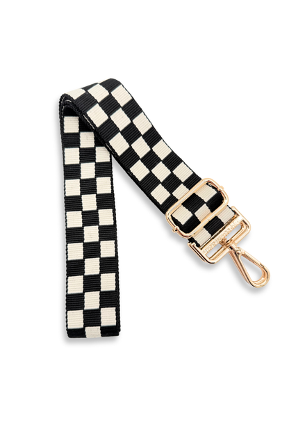 Black and white Modern + Chic Lizzie Checkered Purse Strap for Crossbody Bags on a white background.