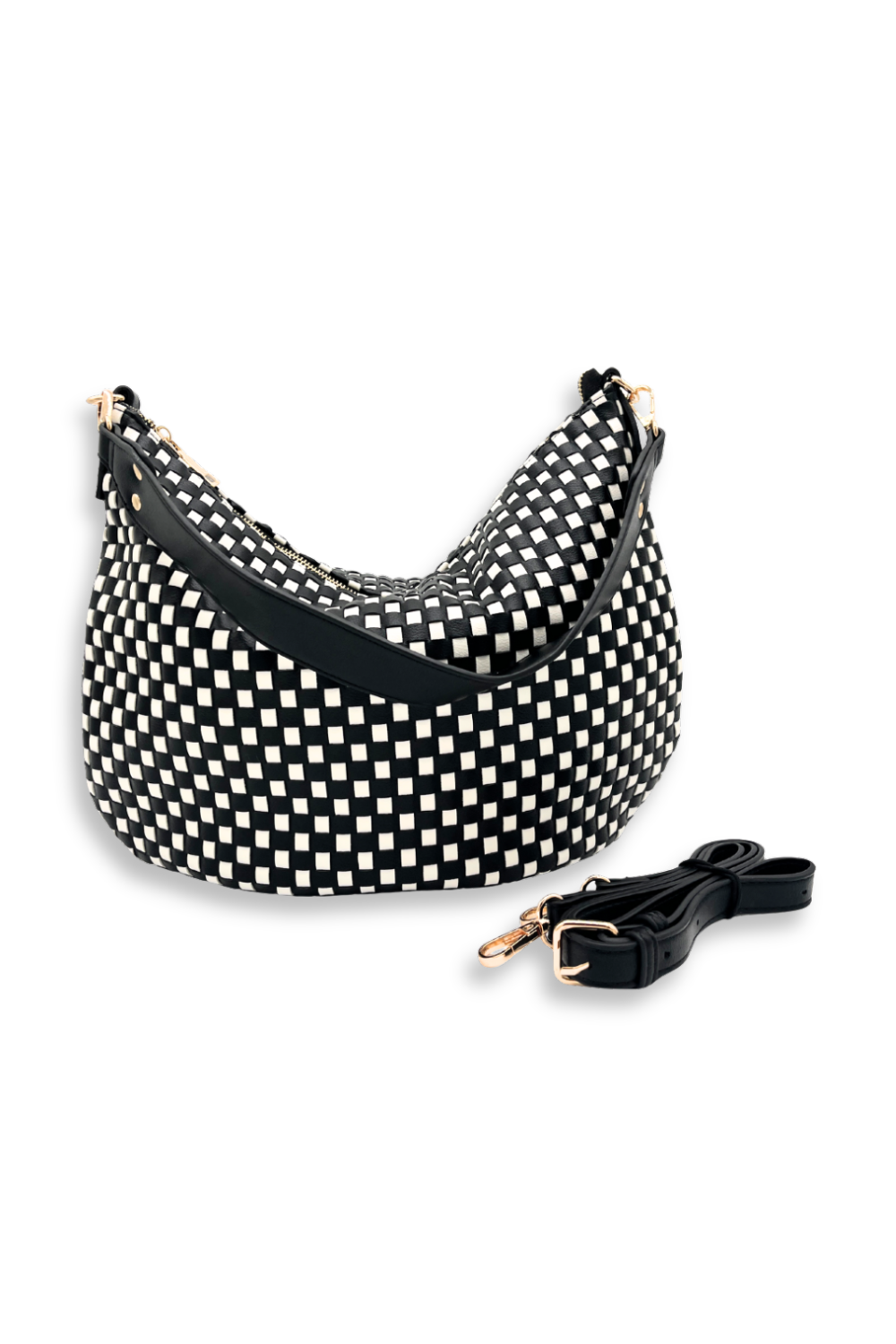A black and white woven Modern+Chic Savannah Slouchy Tote – Women's Shoulder & Crossbody Bag on a white background. 
