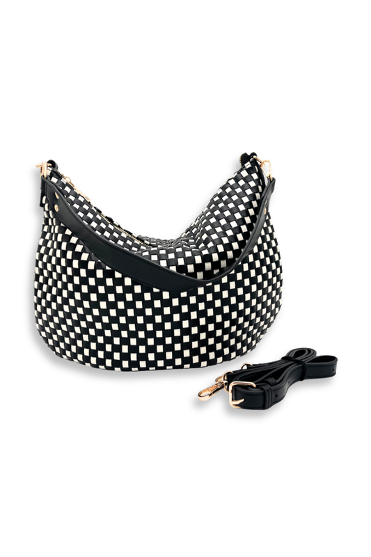 A black and white woven Modern+Chic Savannah Slouchy Tote – Women's Shoulder & Crossbody Bag on a white background. 