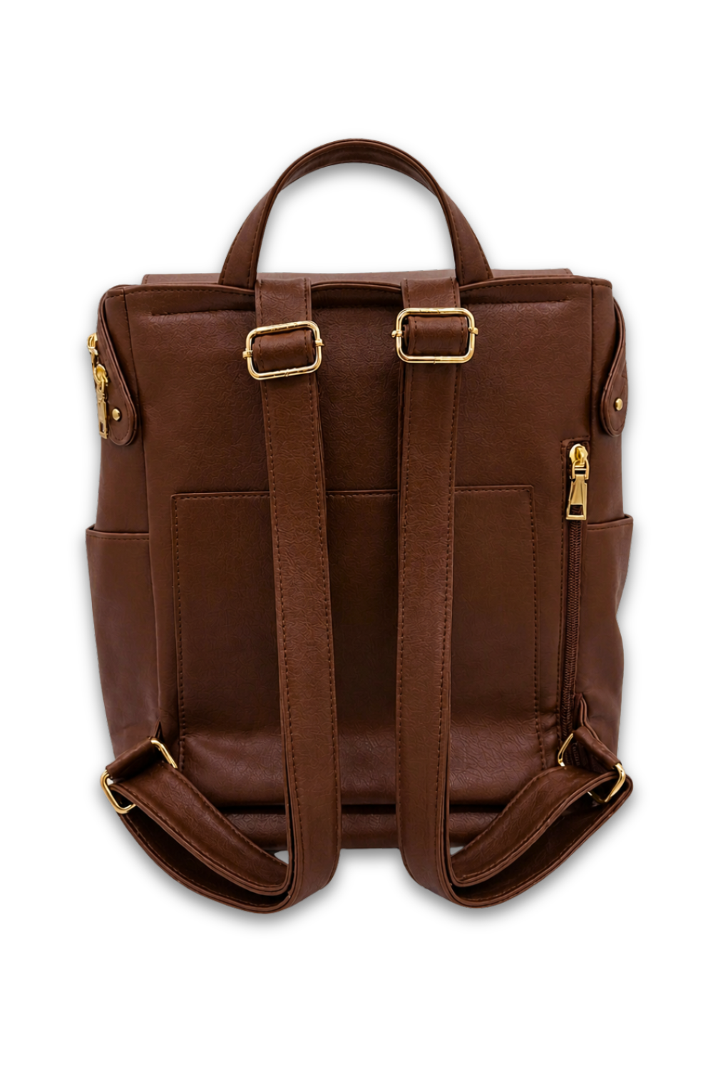The back of a Dark Brown Modern+Chic Brielle 2.0 Vegan Leather Convertible Backpack Purse for Women with gold hardware on a white background. 