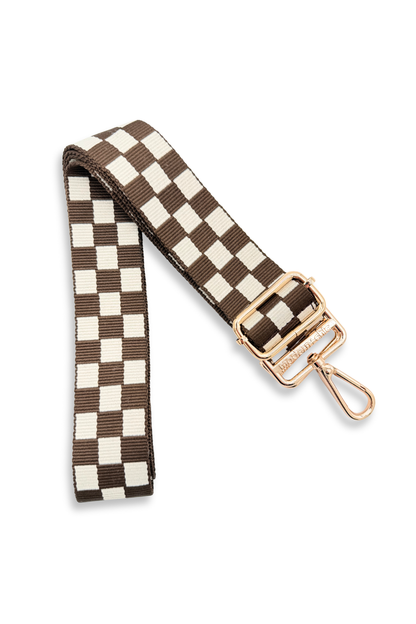 Brown and white Modern + Chic Lizzie Checkered Purse Strap for Crossbody Bags on a white background.