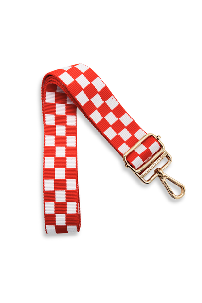 Red and white Modern + Chic Lizzie Checkered Purse Strap for Crossbody Bags on a white background.