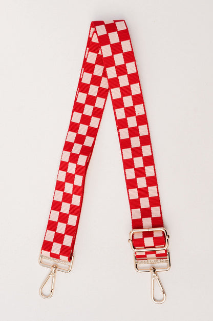 Red and light pink Modern + Chic Lizzie Checkered Purse Strap for Crossbody Bags on a white background.