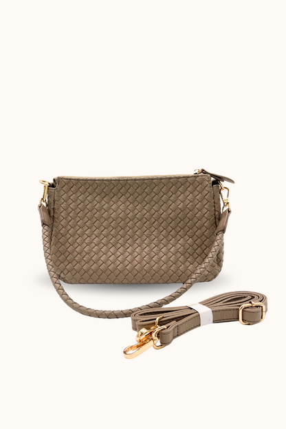 A brown Modern + Chic Elle Woven Crossbody Bag for Women on a white background.
