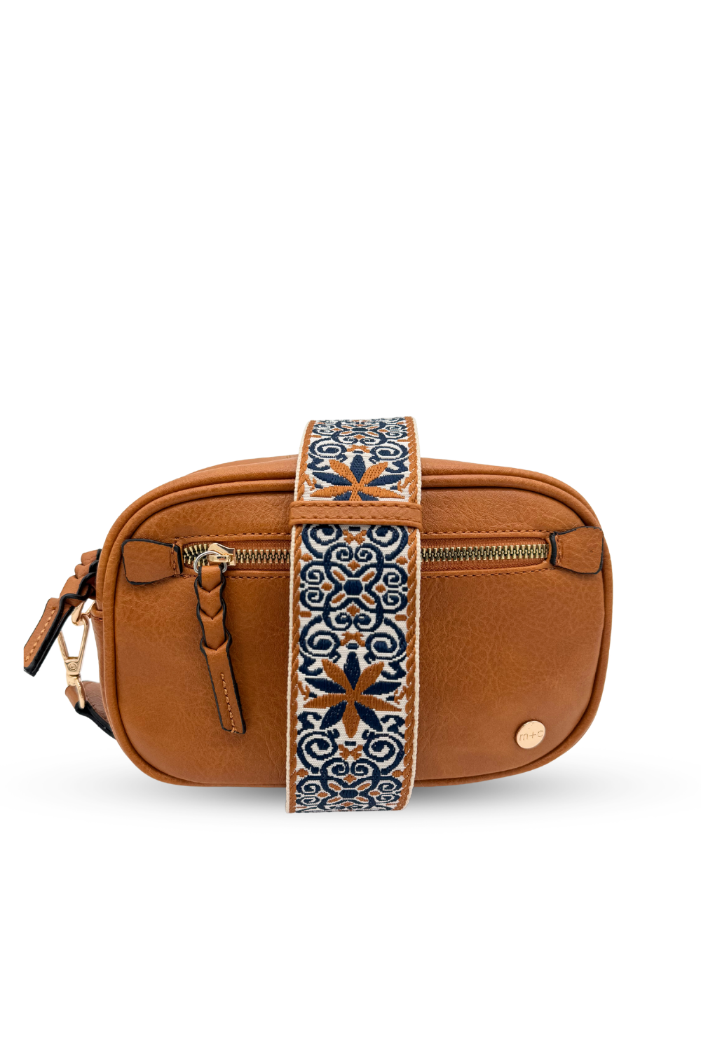 Modern + Chic Gentry Vegan Leather Crossbody Bag in camel.