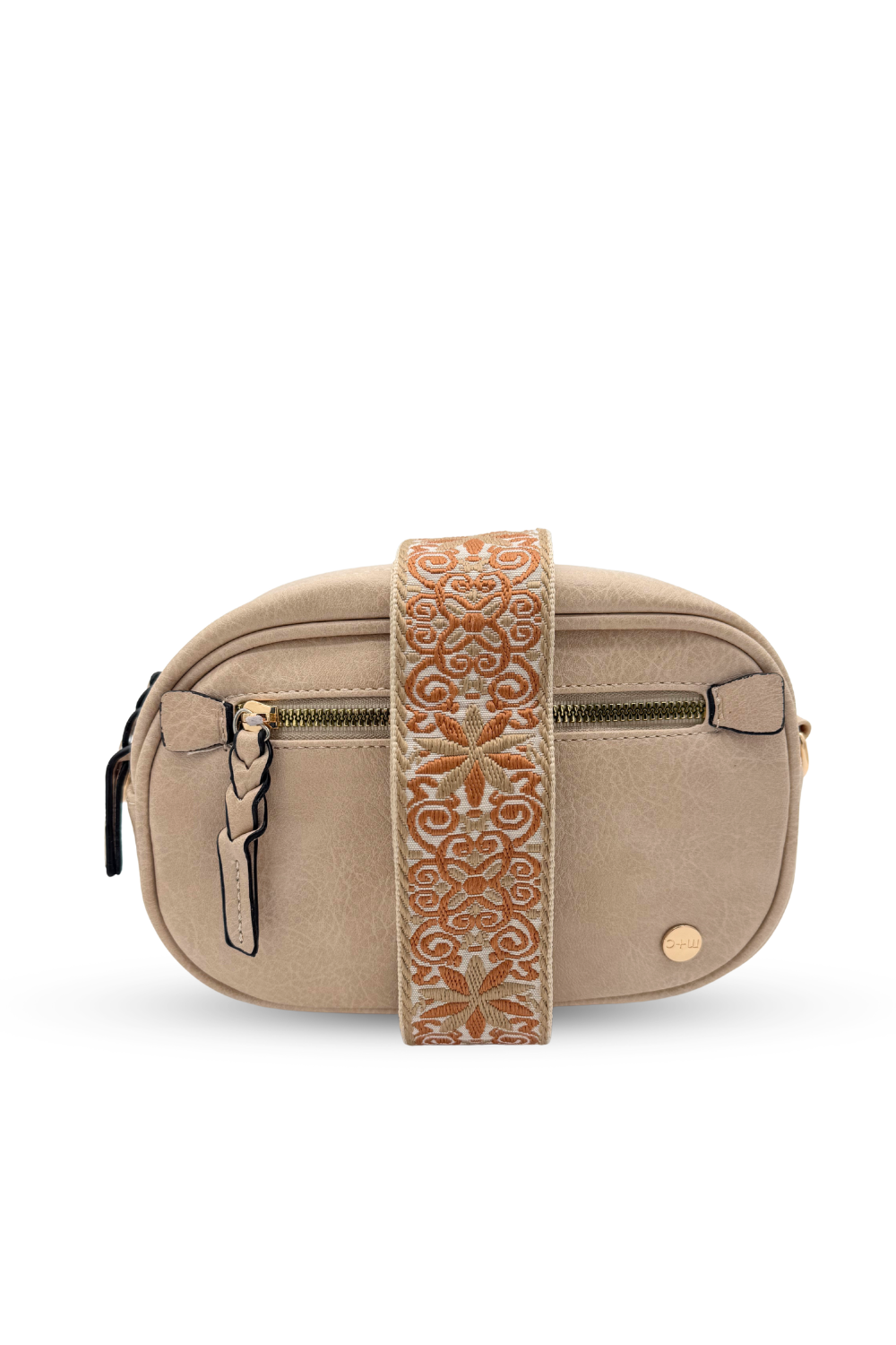 A beige Modern + Chic Gentry Vegan Leather Crossbody Bag on a white background.