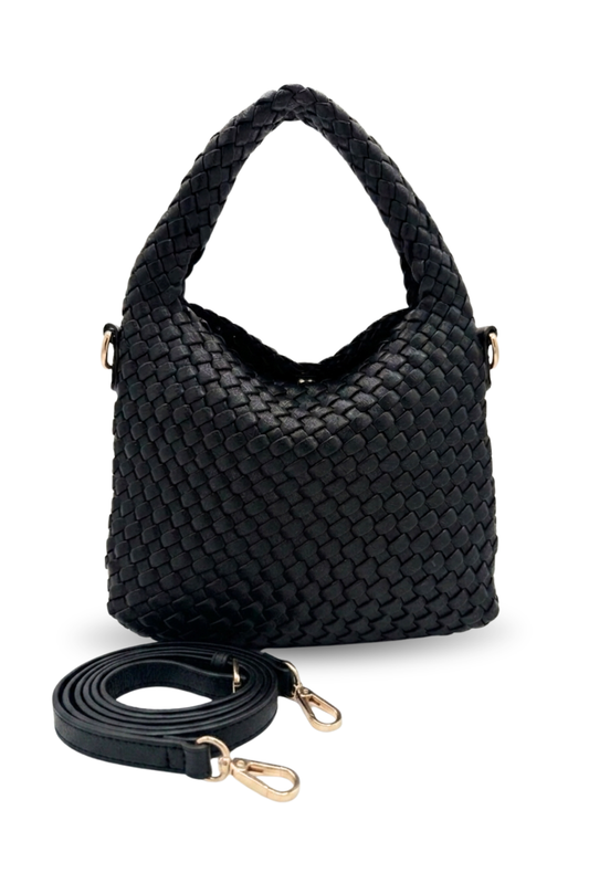 Black woven handbag with a detachable strap on a white background