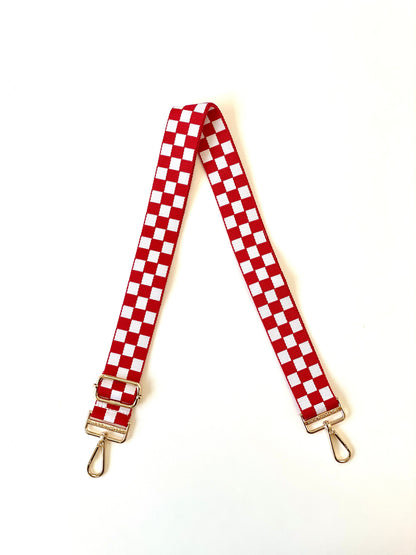 Red and white Modern + Chic Lizzie Checkered Purse Strap for Crossbody Bags on a white background.