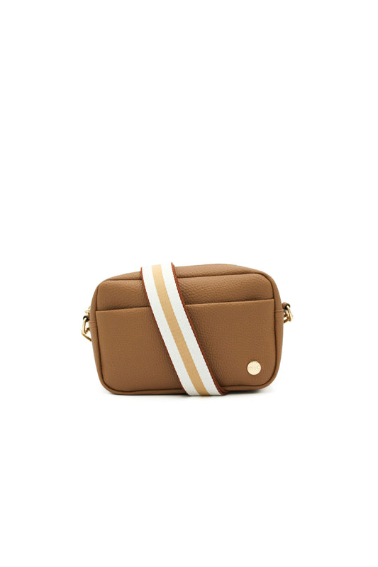 A camel colored Modern+Chic Willow Vegan Leather Convertible Crossbody Bag on a white background. 