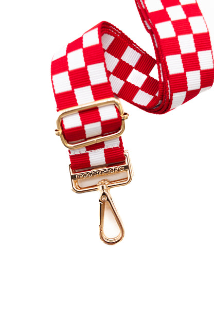 Red and white Modern + Chic Lizzie Checkered Purse Strap for Crossbody Bags on a white background.
