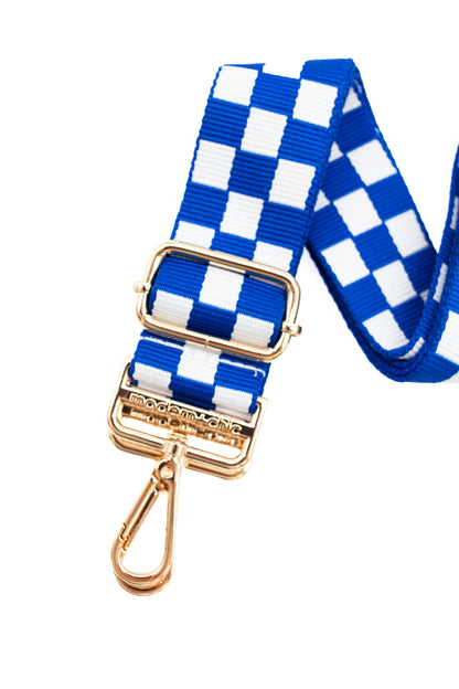Blue and white Modern + Chic Lizzie Checkered Purse Strap for Crossbody Bags on a white background.