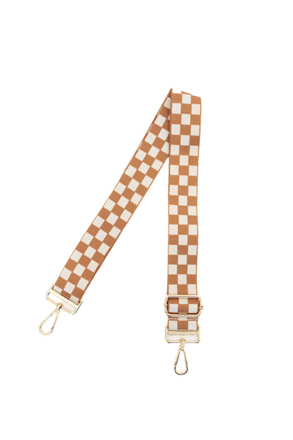 Tan and white Modern + Chic Lizzie Checkered Purse Strap for Crossbody Bags on a white background.