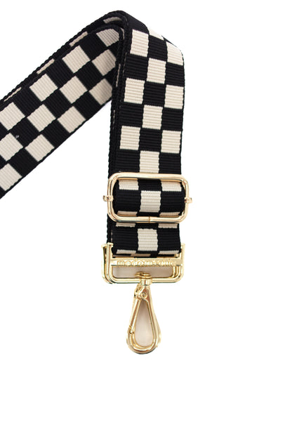 Black and white Modern + Chic Lizzie Checkered Purse Strap for Crossbody Bags on a white background.