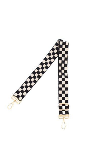 Black and white Modern + Chic Lizzie Checkered Purse Strap for Crossbody Bags on a white background.