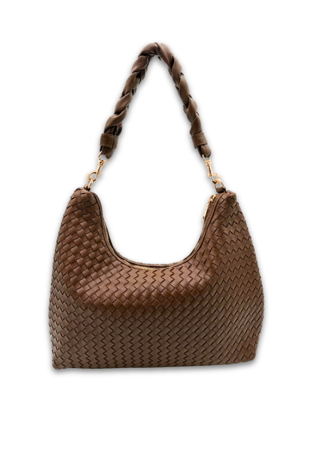Brown woven handbag with braided handle on a white background