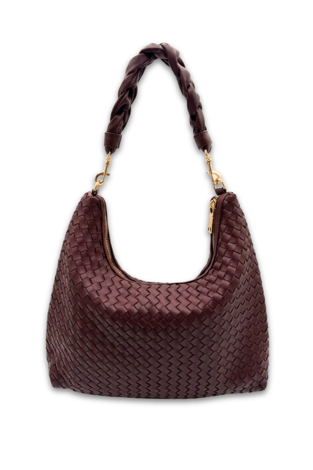Red plum colored woven handbag with braided handle on a white background