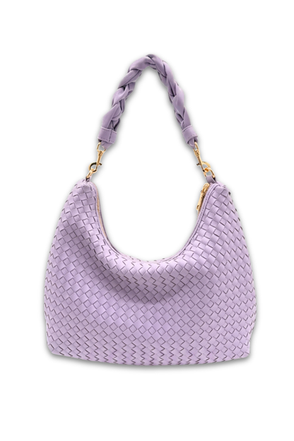 Violet woven handbag with a braided handle on a white background
