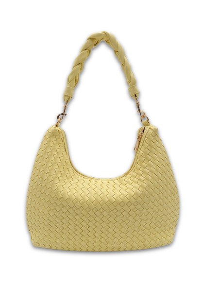 Yellow woven handbag with braided handle on a white background