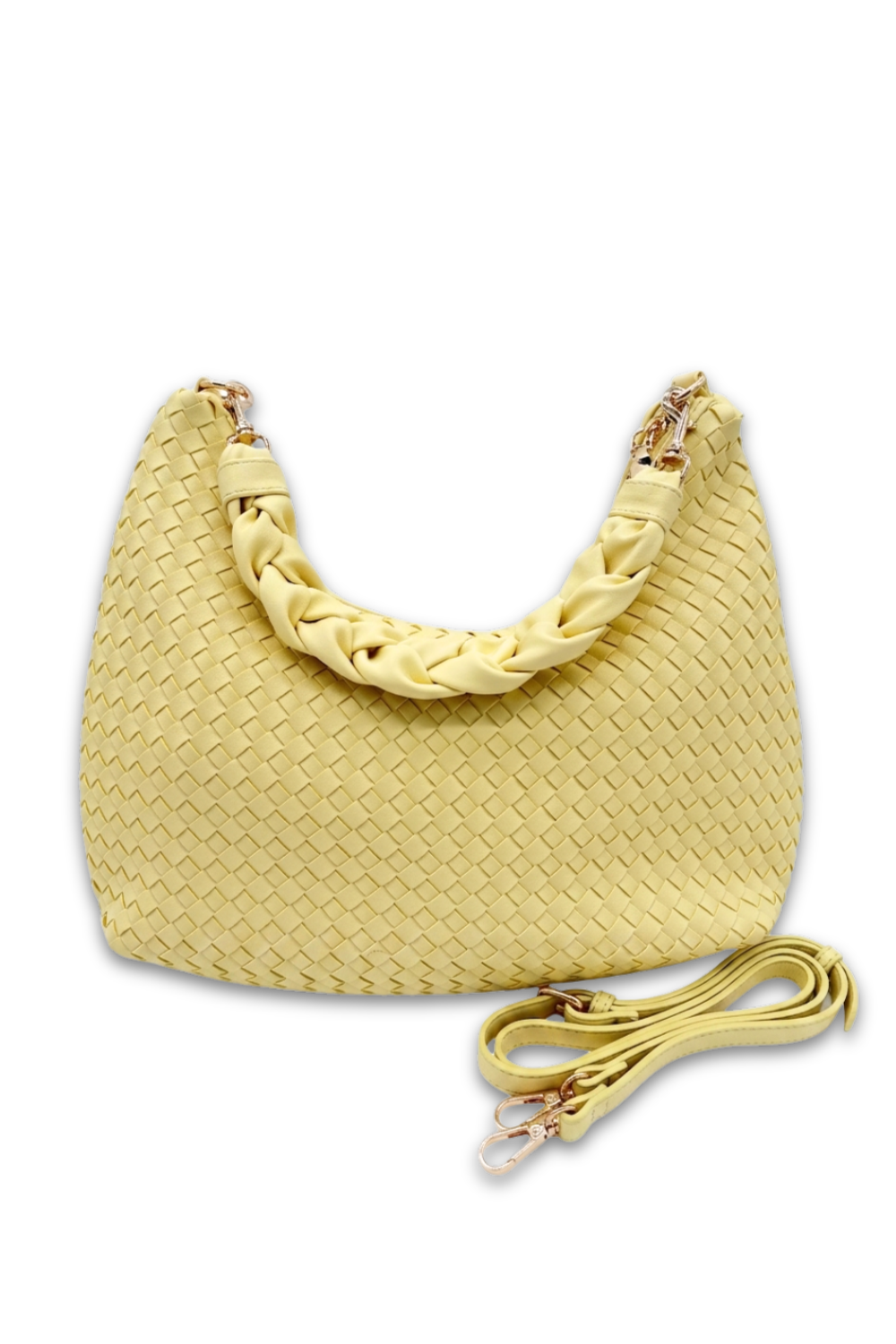 Yellow woven handbag with a matching strap on a white background