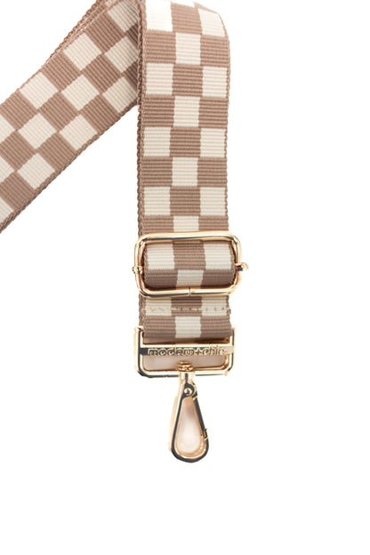 Tan and white Modern + Chic Lizzie Checkered Purse Strap for Crossbody Bags on a white background.
