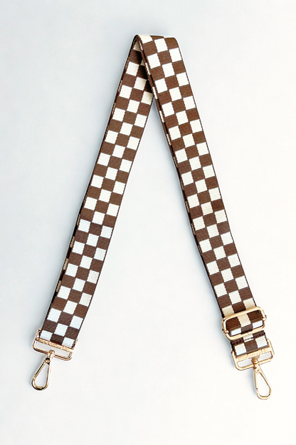Brown and white Modern + Chic Lizzie Checkered Purse Strap for Crossbody Bags on a white background.