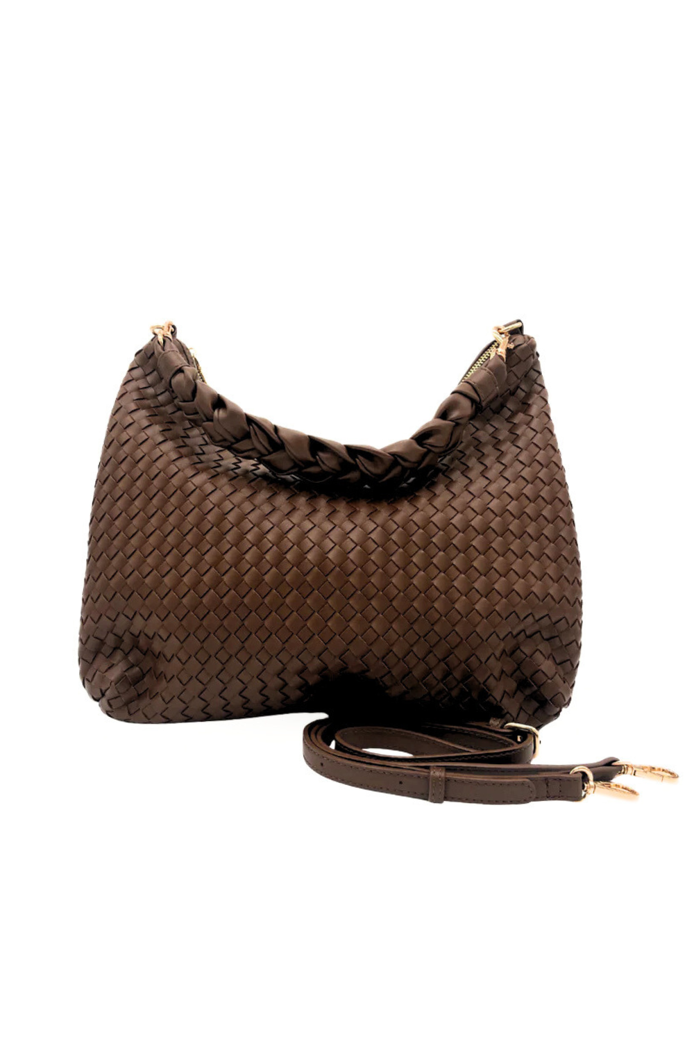 A brown Modern+Chic Kelly Woven Convertible Crossbody Shoulder Bag with included vegan leather adjustable crossbody strap on a white background. 