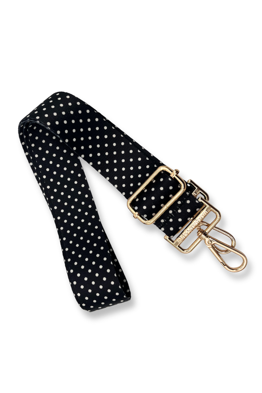 Modern + Chic black and white Polka Dot Adjustable Purse and Bag Strap on a white background. 