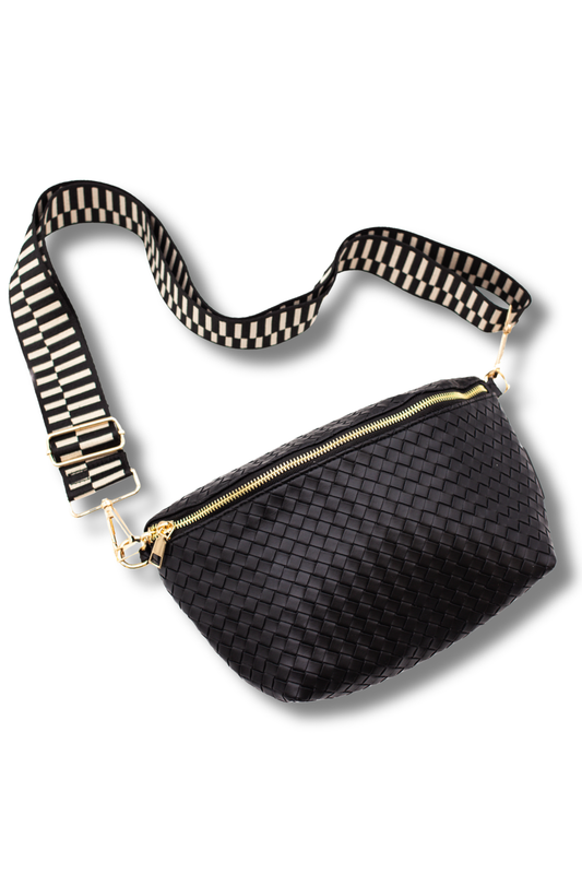 Black woven fanny pack with a striped strap on a white background