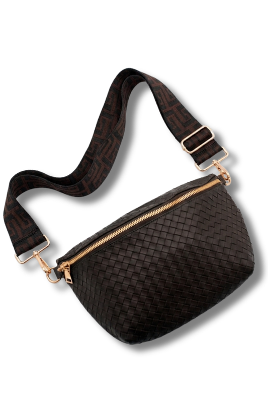 dark brown woven crossbody bag with gold zipper on a white background