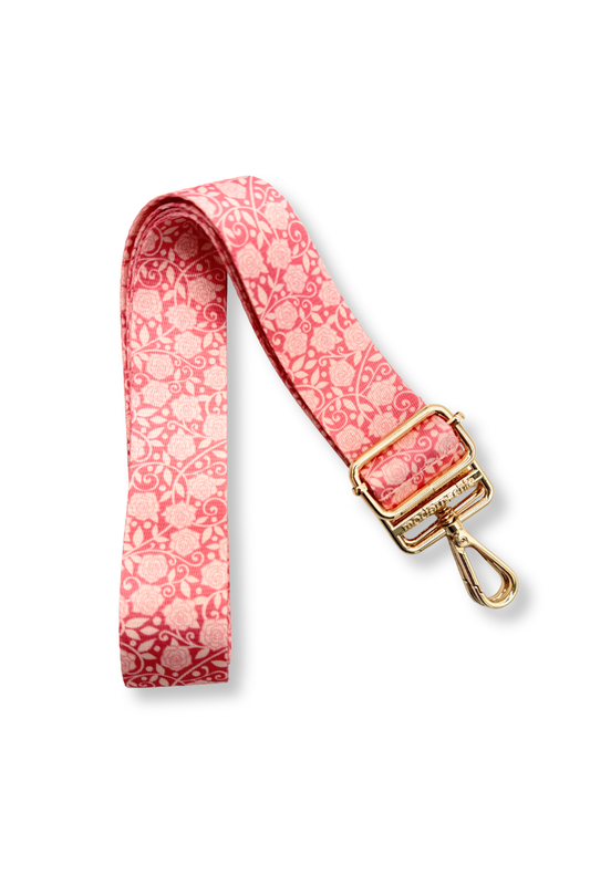 Modern + Chic Rosebud Floral Adjustable Bag Strap for Purses on a white backdrop.