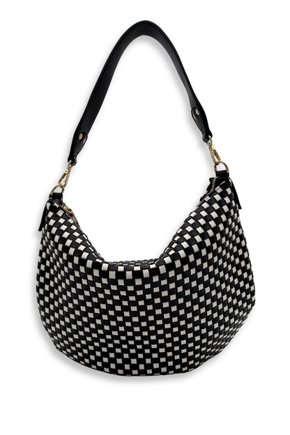 A black and white woven Modern+Chic Savannah Slouchy Tote – Women's Shoulder & Crossbody Bag on a white background. 