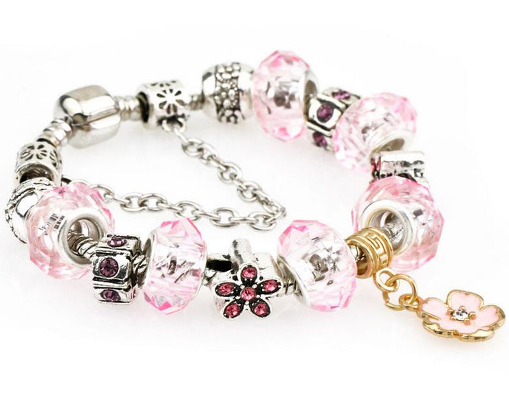 Pink Charm and Bead Bracelet with Flowers - Final Sale